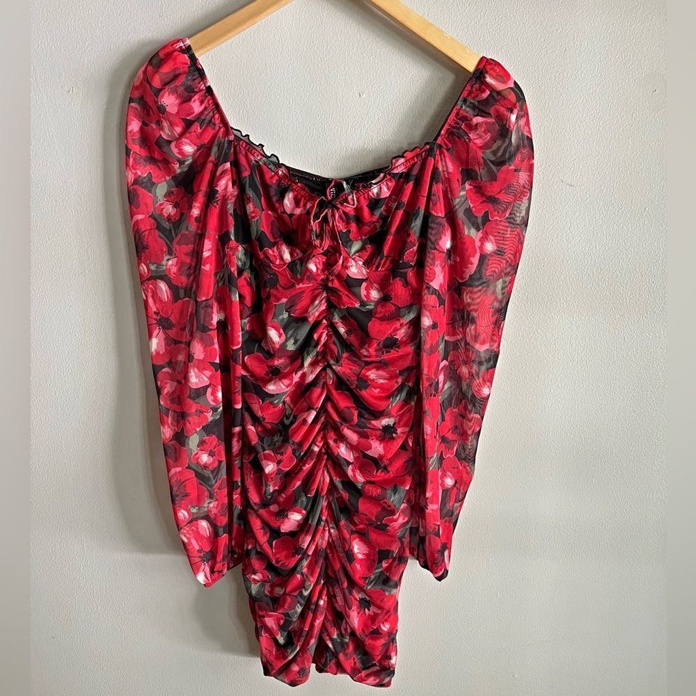 H&M Ruched Floral Mesh Mini Dress Red Black Bodycon Y2K Party XS S